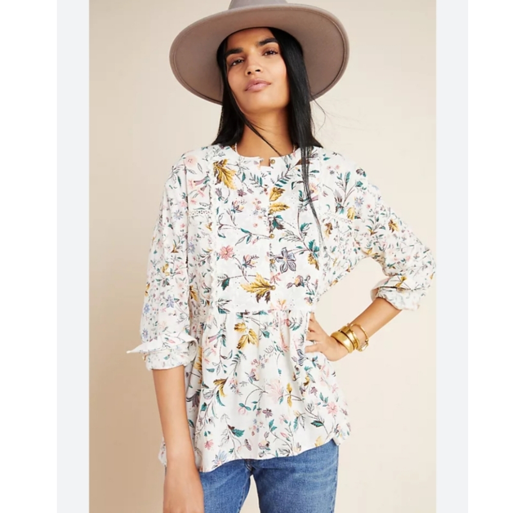 Anthropologie White Floral Ginevra Babydoll Blouse sz XL